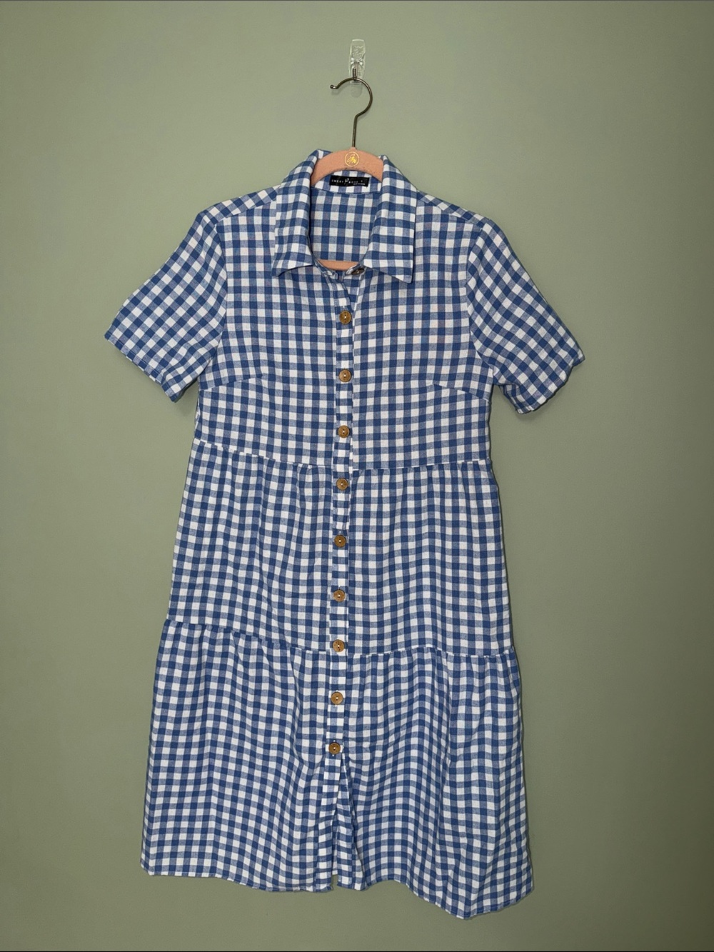Emery Rose Blue & White Gingham Tiered Button Front Shirt Dress